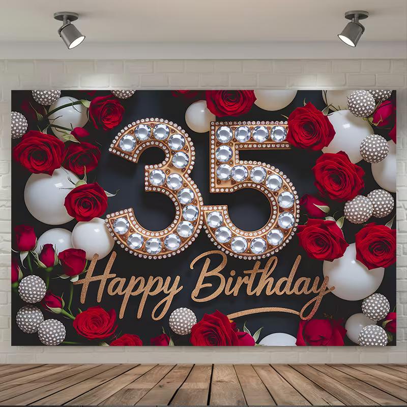 2D Luxury 35th Birthday Backdrop with Diamond Number and Red Roses Party Background