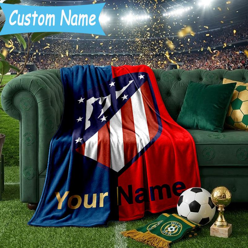 Custom Name Atletico Madrid Crest Flannel Blanket, Use for Birthday/Holiday Gift, Soft Blanket for Sofa/Bed/Camping/Office, Home Decor