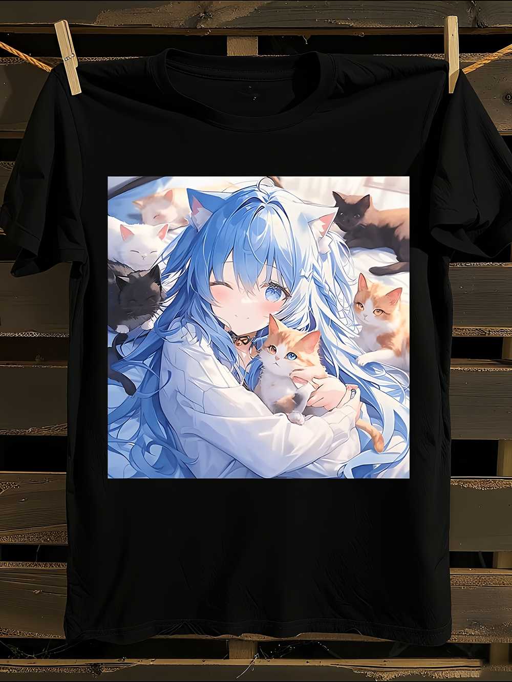 Anime Girl & Cats Print T-Shirt M