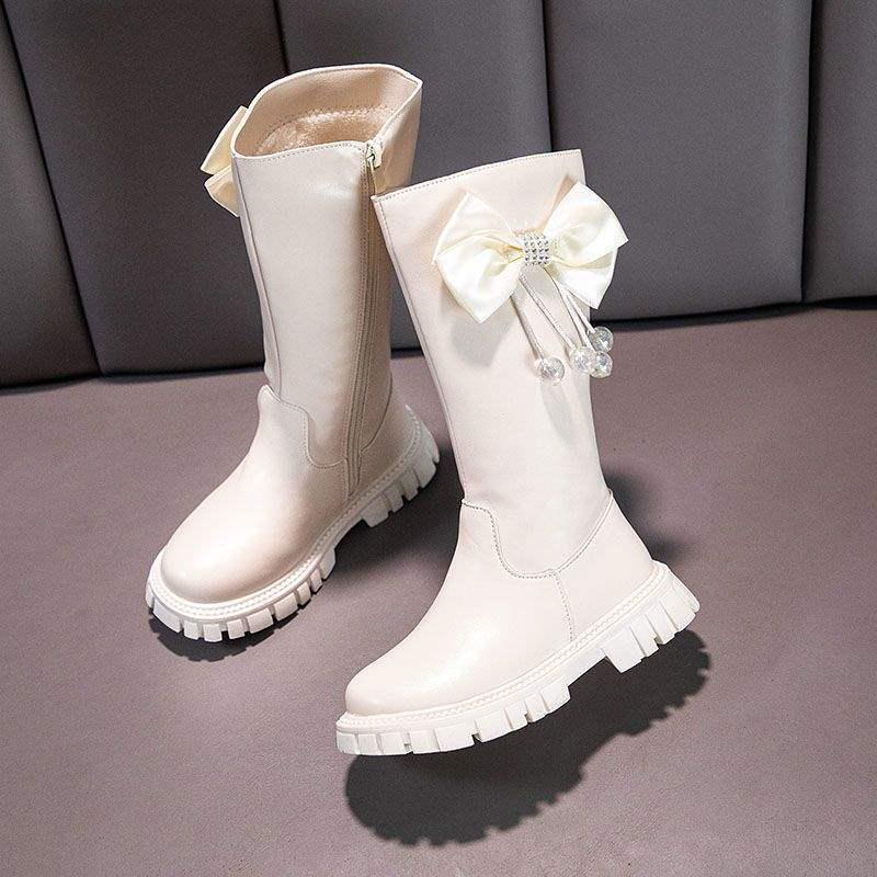 Girls' Black Bowknot Knee-High Leather Boots with Side Zipper, Plus Velvet, Soft Sole—Perfect for Autumn and Winter.