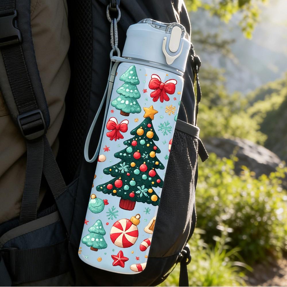 1PC Christmas Gnome Gift Festive Doodle Print 750ml Color Plastic Sports Water Bottle Leakproof Flip Straw Lid Suitable for Sports Office Home Use