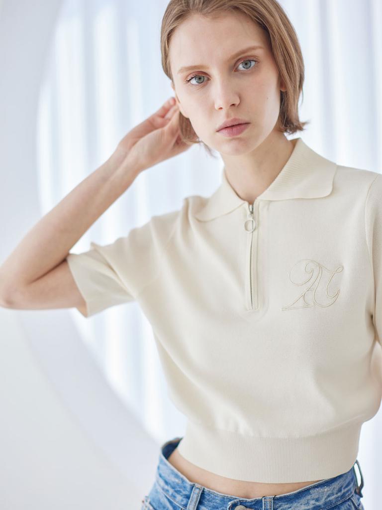 AYIHOLIC CASHMERE Half Zip Crop Polo