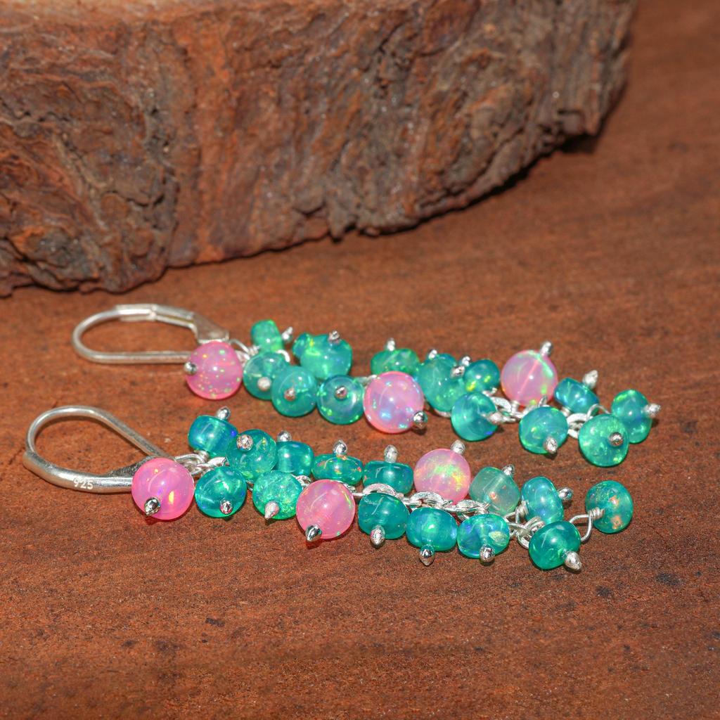 Fire Opal Cluster Earrings: Green Pink Ethiopian Opal, Sterling Silver