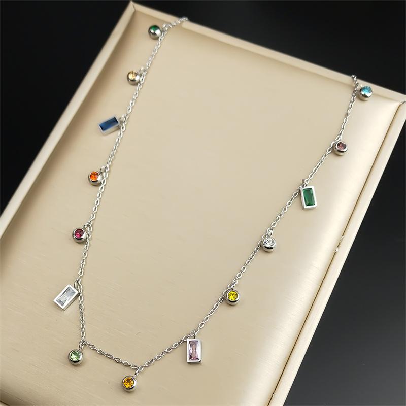 Fashion Round Rectangle Colorful Geometric Zircon Pendant Chain Necklace Choker For Women Stainless Steel Temperament jewelry