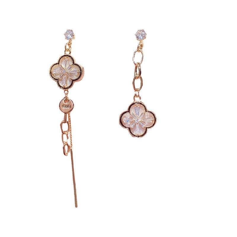 Asymmetrical Four Leaf Flower Long Tassel Fashion Dangle Earrings For Women