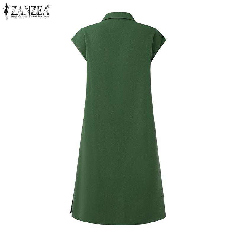 ZANZEA Women Turn Down Collar Solid Color Summer Sleeveless Dress