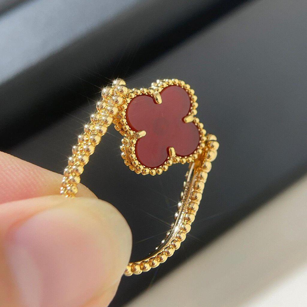 18K Rose Gold Double-Sided Ring: Red and Blue Agate Four-Leaf Clover Flip Design