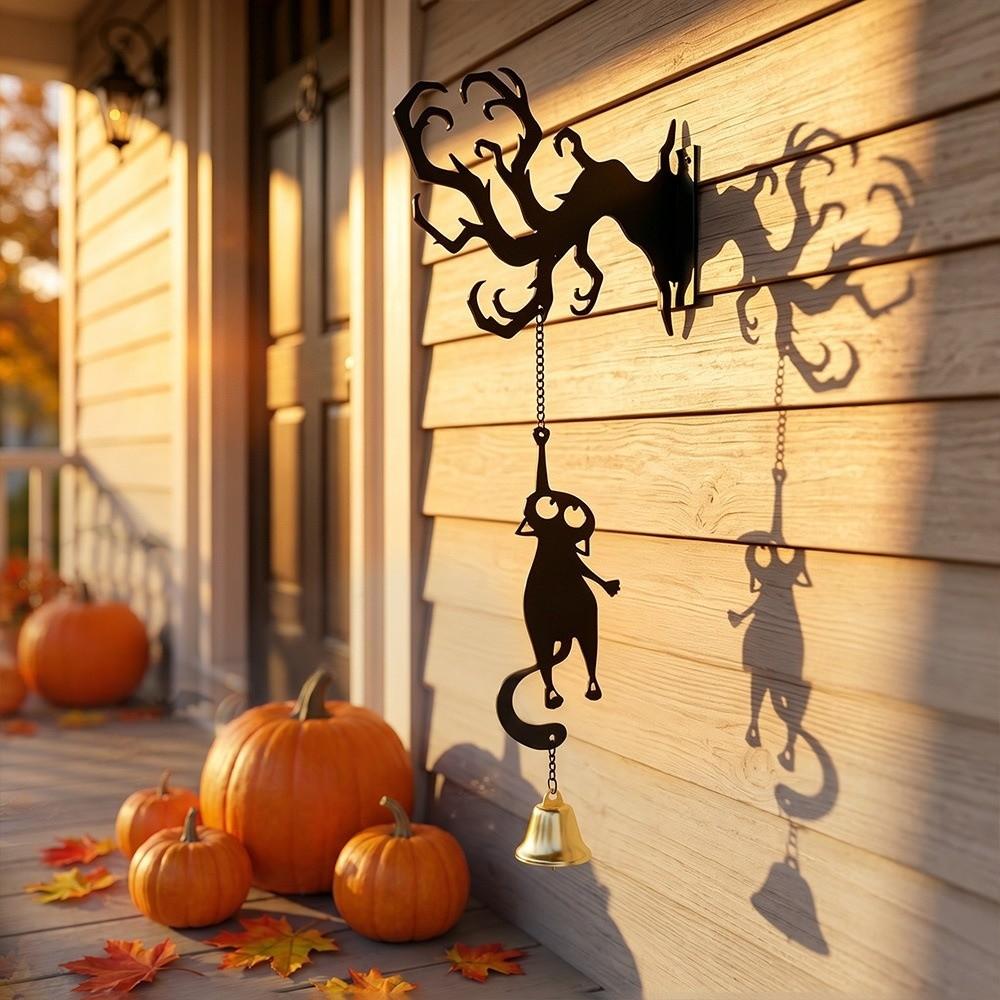 Acrylic Silhouette Black Cat Hanging Bell Wall-mounted Hanging Ghost Wind Chime Halloween Welcome Sign Spooky