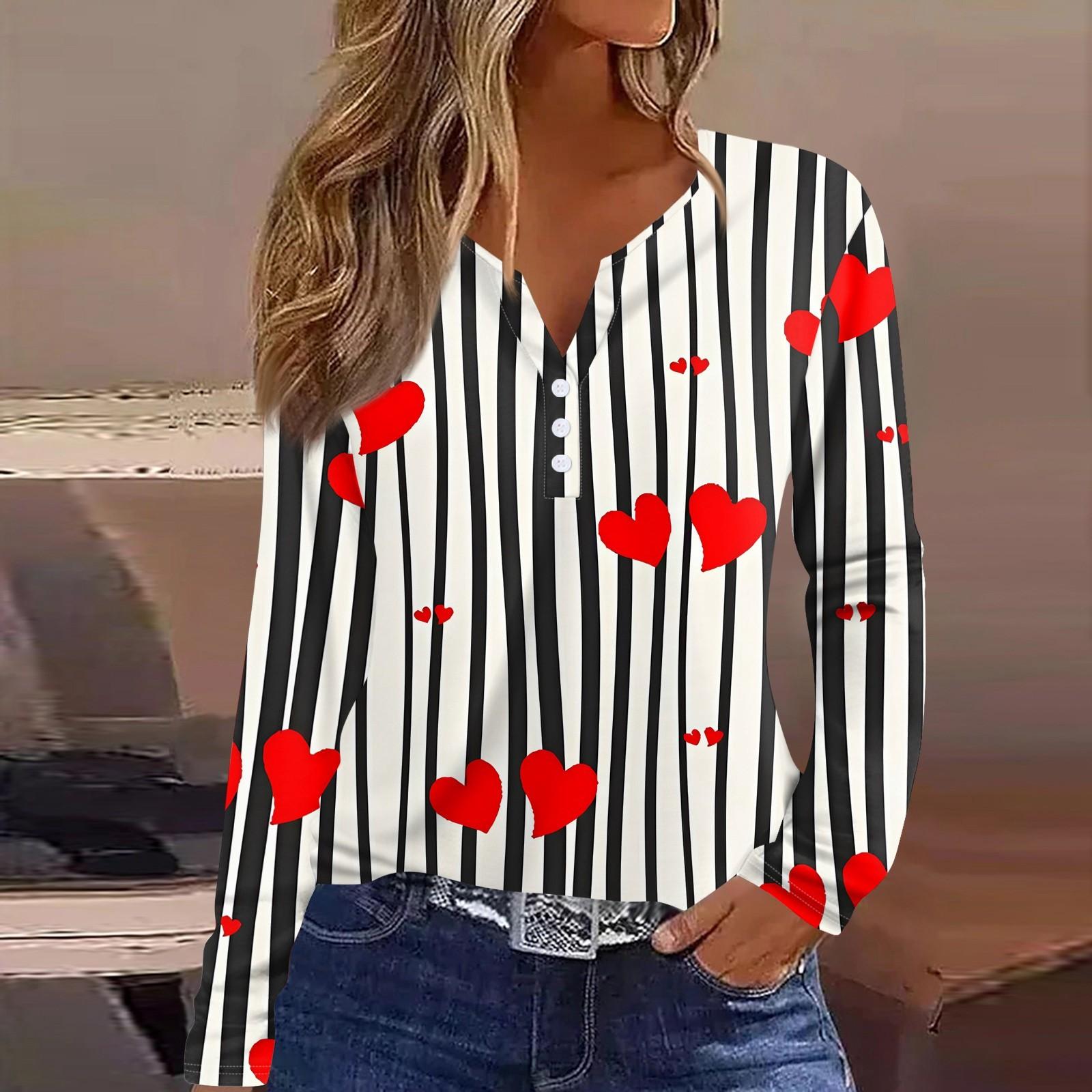 

Женская футболка с принтом ко Дню святого Валентина, туника с длинным рукавом и пуговицами, повседневная мода на выходные, базовый топ с V-образным вырезом L