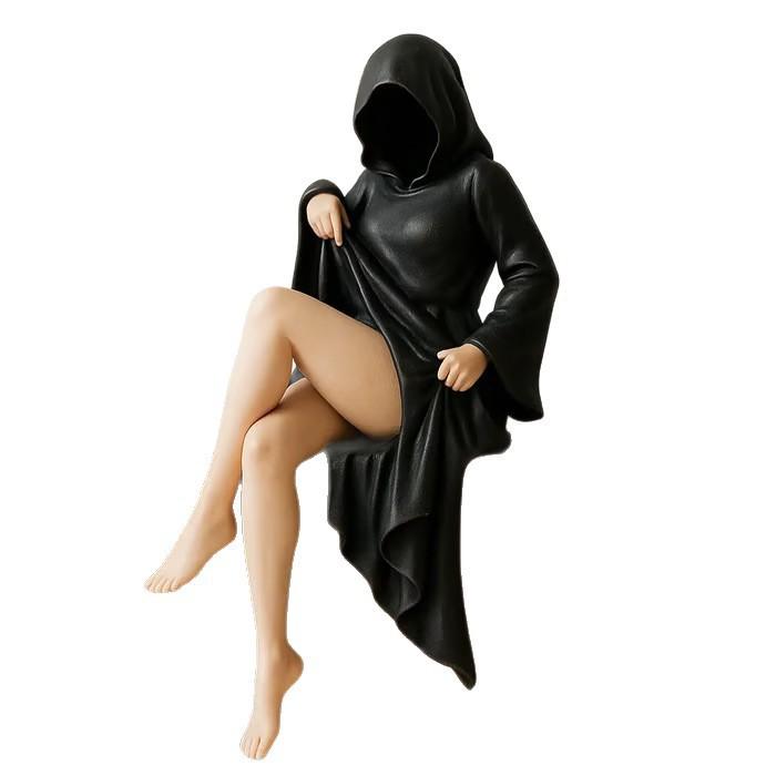 3D Záhadná socha Gothická Královna v černém rouše Figurka Maskované ženy Sedící Figurka Socha na polici Domácí Dekorace na stůl