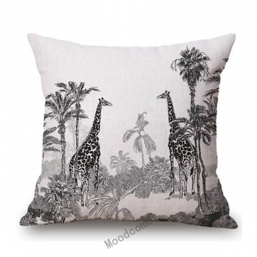 Toile De Jouy Jungle Animals Tiger Giraffe Tiger Crane Birds Navy Blue Greenish Pattern Decorative Pillow Case Car Cushion Cover