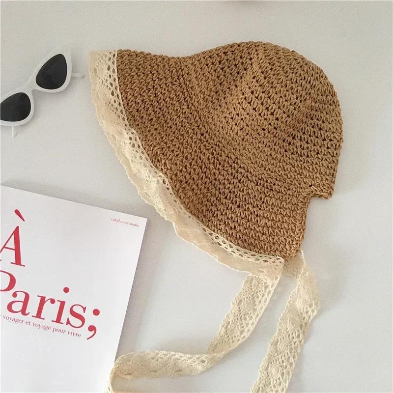Women's Summer Lace Ribbon Straw Panama Hat Anti-UV Woven Cap with Ponytail Holder Sunshade Beach Outdoor Visor