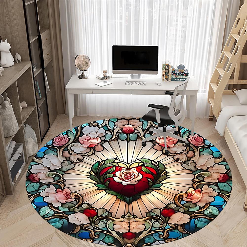 1pc Stained Glass HeartChair Carpet for Office, Indoor Non-Slip Washable Polyester Fiber Carpet, Mat For Office, Machine Washable