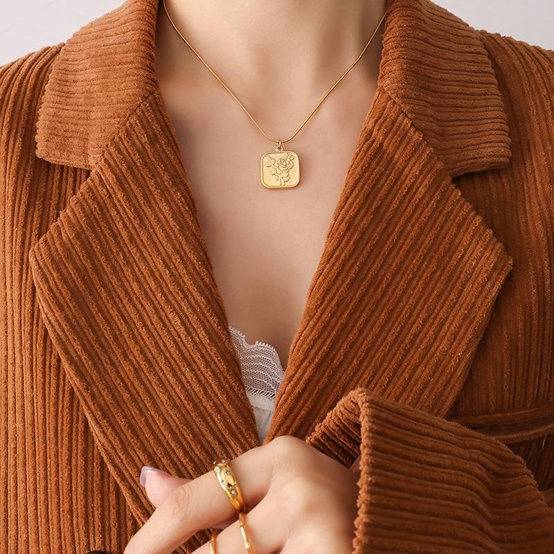 French Retro Rose Pendant Necklace - Gold Plated Stainless Steel Square Design with Clavicle Chain