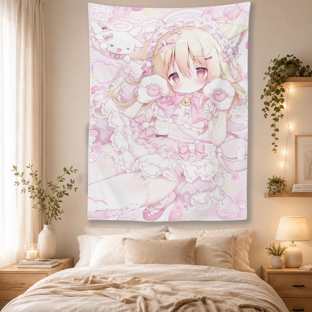 Cute Chibi Neko Lolita Anime Girl Tapestry Pink Wall Hanging Room Decor