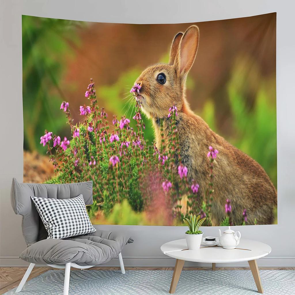Cute Farm Rabbit Tapestry Grey Rabbit Tapestry Creative Style Tapestry Art Wall Hanging Home Living Room Bedroom Dorm Tapestries