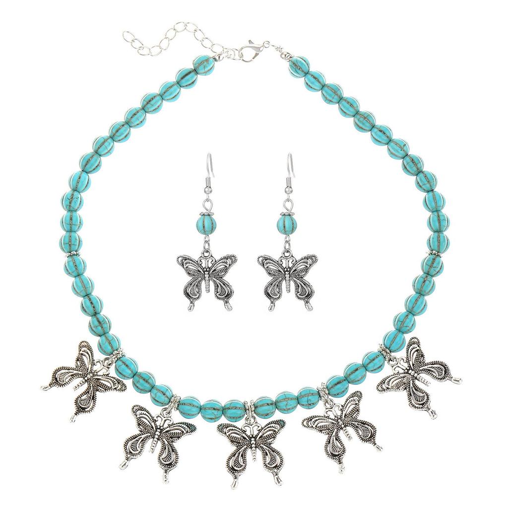 Vintage Turquoise Patchwork Necklace & Heart Earrings Bohemian Jewelry Set