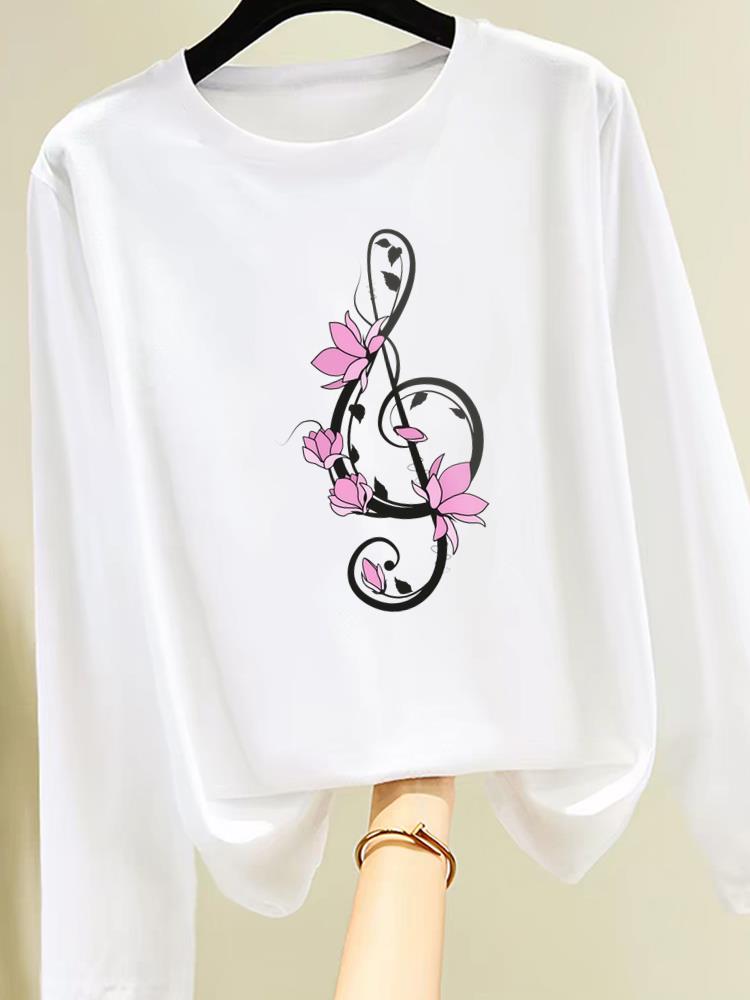 (Asian Size) Sweet Beach Trend Cute Print T Shirt Women Clothing Tee Autumn Winter Spring Casual Fashion Top O-neck Graphic Long Sleeve T-shirts