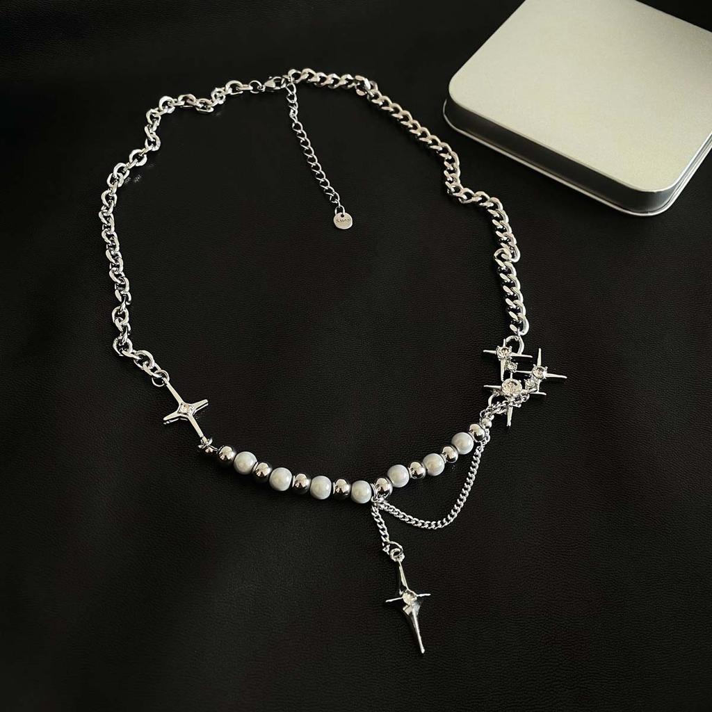 Collana con Perle Imitazione Stella Zircone Croce Stella Kpop Uomo Collane con Ciondolo Stella a Stella Y2K Hiphop Collana Choker con Stella e Frange Unisex
