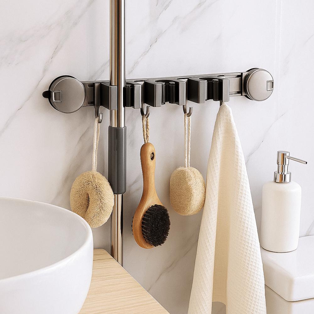 Suction Cup Installation Broom Storage Rack with Hook Bathroom Rack Mop Clip Cleaning Tool Storage