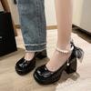 Women's new autumn chunky single shoes round head shallow mouth butterfly knot beaded platform high heels