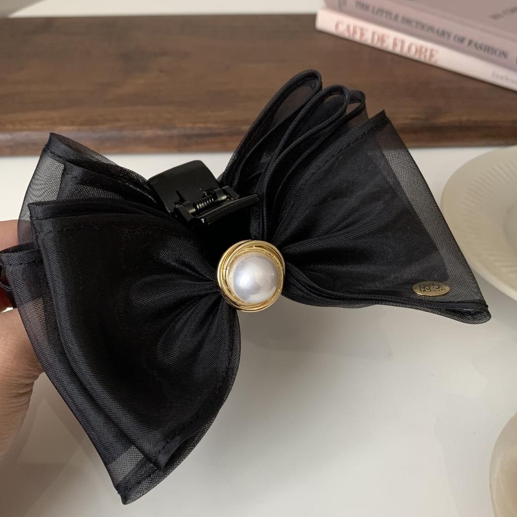 Korean Version of Pearl Mesh Bow Hairpin Simple Light Luxury Large Grab Clip Small Fragrance Versatile Shark Clip Hair Accessories