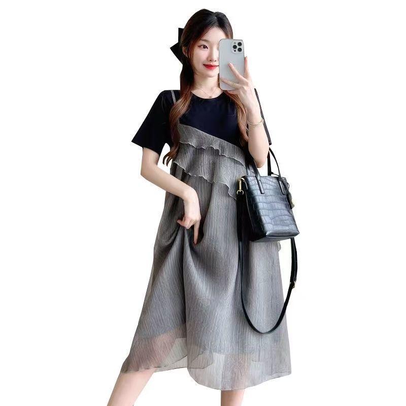 Sommer 2026 Damen Patchwork-Kleid im koreanischen Stil, Zweiteiler-Optik: Schicker, Trendiger und Jungendlicher Mid-Length Rock.