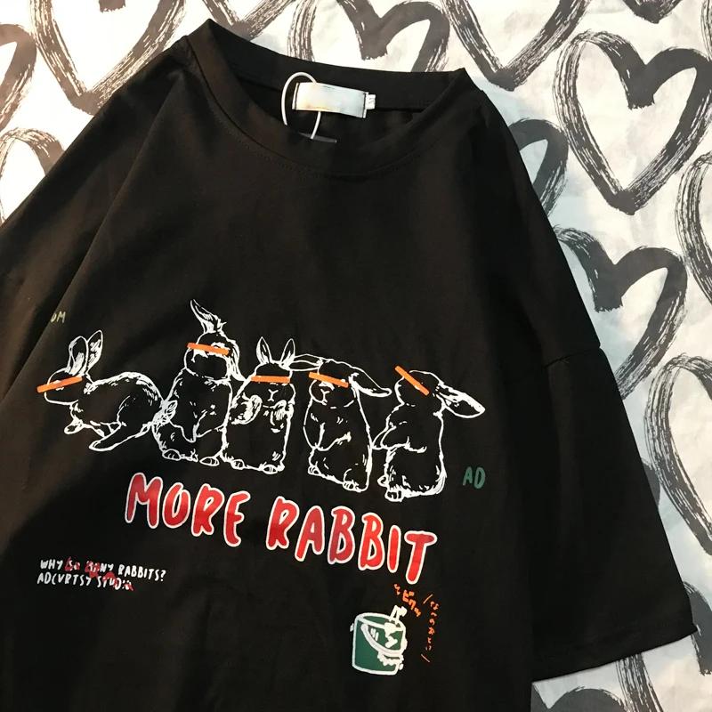Anstellen zum Karottenessen Sommer Amerikanischer Retro Hasen-Print Männer Frauen Kurzarm T-Shirt Baumwolle Locker sitzend Partner-T-Shirt