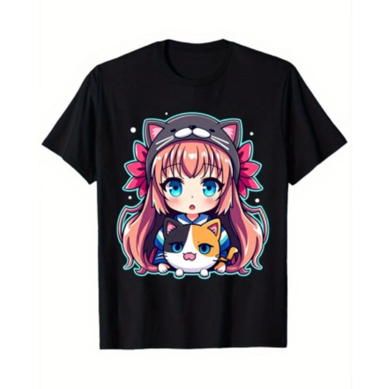 Men's Anime Print T-Shirt - Anime Character Print Crew Neck Short Sleeve Shirt, Machine Washable, Suitable for Anime Apparel and Party Outfits