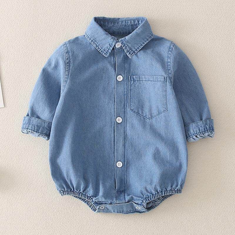

Baby Romper Denim Shirt-Style One-Piece Romper for Baby Girls Baby Boy Denim Long Sleeves 66 cm