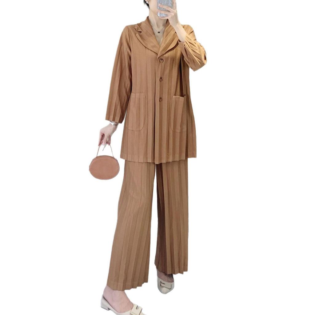 Women's High-End Pleated Pinstripe Wide-Leg Pants Set - Spring/Autumn Plus Size Slimming Suit