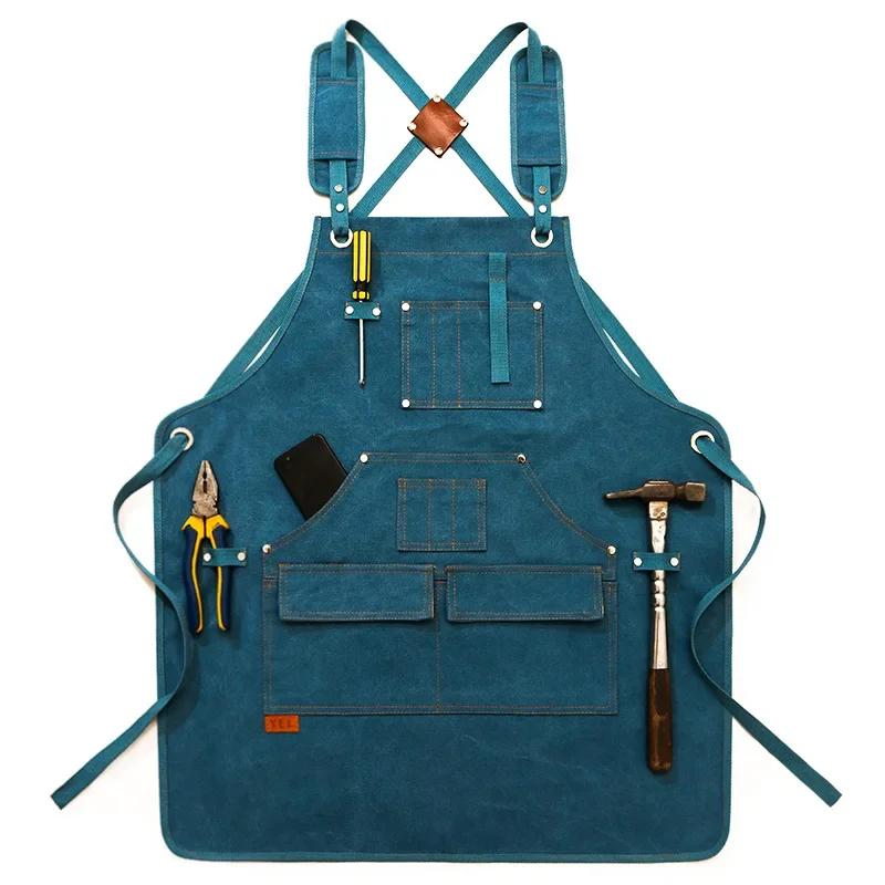 Durable Unisex Canvas Work Apron Barber Baking Cafe Garden Carpentry Restaurant Adjustable Work Wear Apron with Tool Pockets