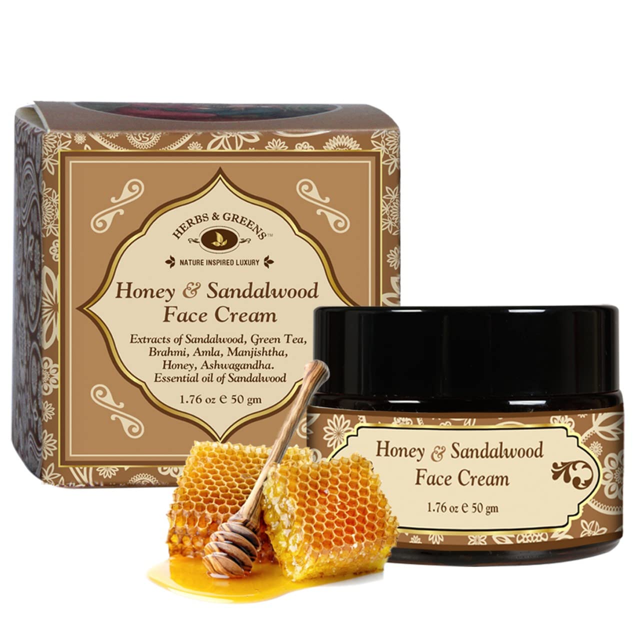 Herbs & Greens Skin Brightening & Anti-aging Honey and Sandalwood Face Cream - Dry/Normal Skin , Forest Honey, Ashwagandha & Brahmi - No Artificial