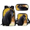 Cavallo Nero Classico e Bello Stampa 3D 3pz/Set zaini per la scuola Zaino per Laptop Zaino a Spalla Inclinata Astuccio