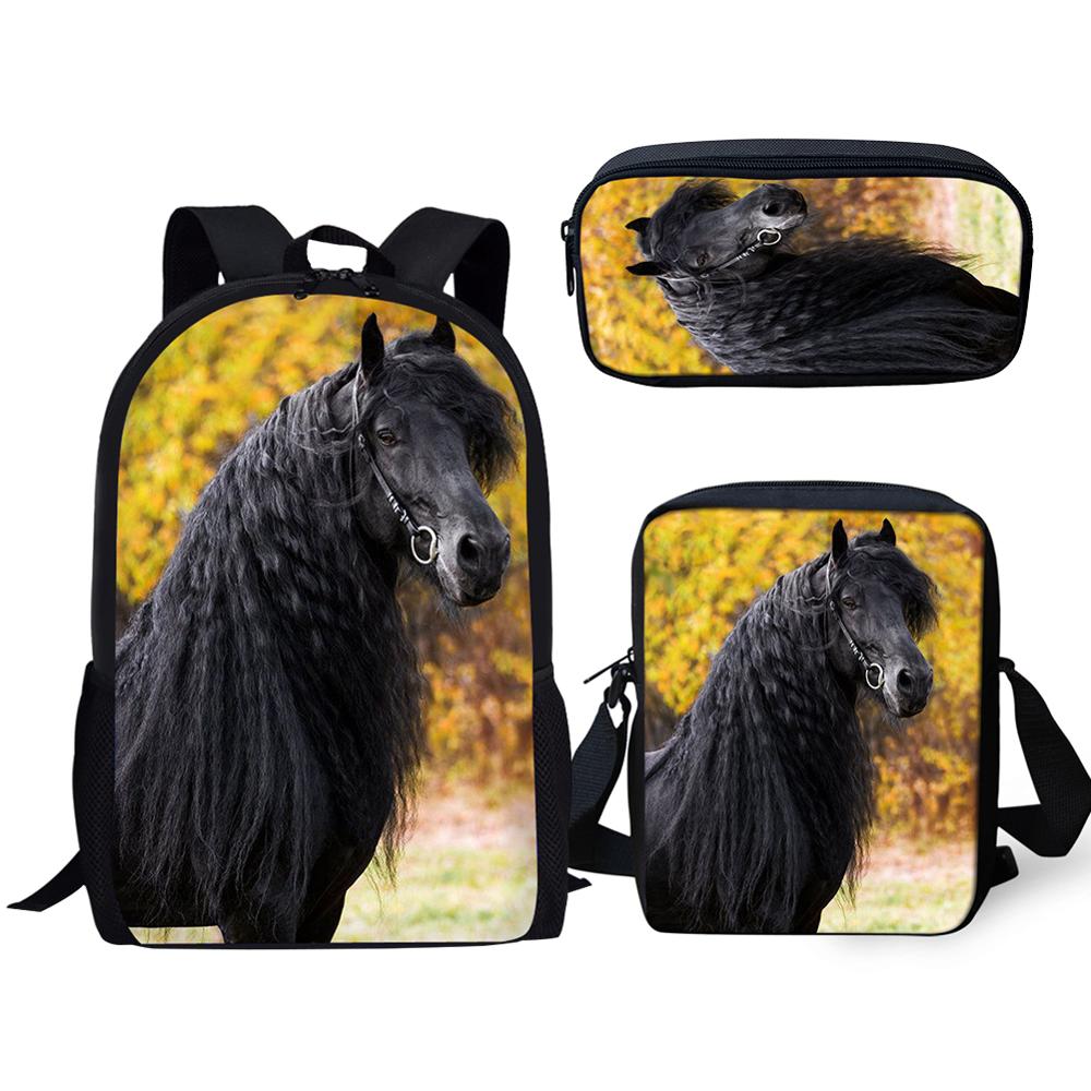Trendy Handsome Black Horse 3D Print 3pcs/Set pupil School Bags Laptop Daypack Backpack Inclined shoulder bag Pencil Case