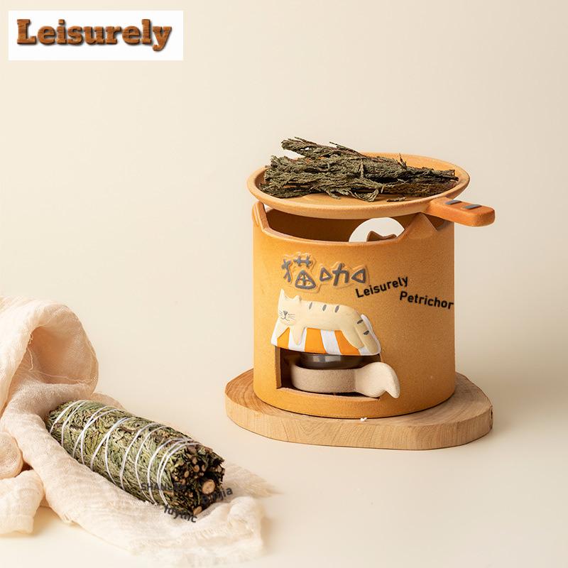 Hand Painted Cute Fortune Cat Tea Warmer Holder Alcohol Burner Stove Kettle Stand Boiling Water Carbon Furnace For Tea Supplies