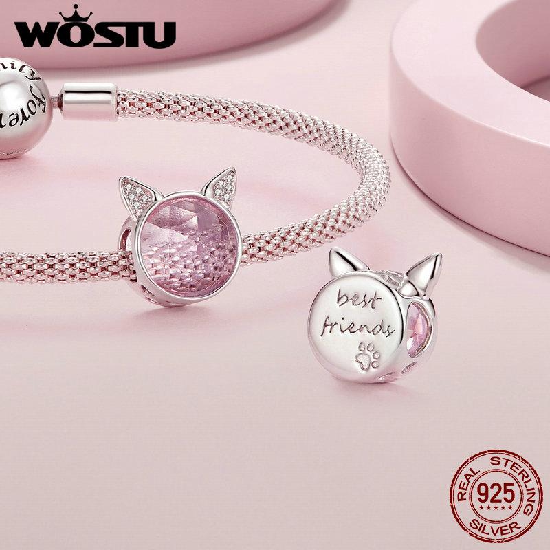 WOSTU 925 Sterling Silver Pink Cat Dog Paw Charms Pendant Heart Beads Fit Original Bracelet DIY Necklace Girl Birthday Gift