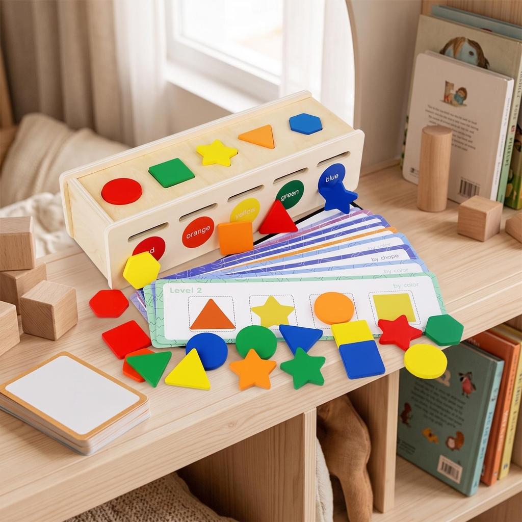 Wooden Shape Sorting Box Preschool Toy with Cards Educational