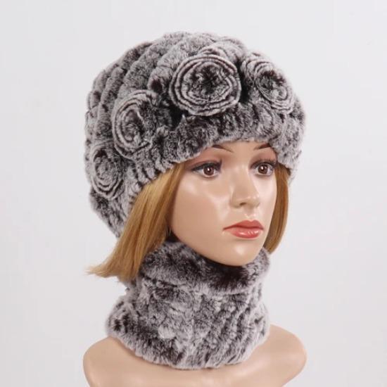New Good Elastic Lady Winter Rex Rabbit Fur Hats Scarves Knitted Women Natural Fur Caps Scarves Sets 2 Pieces Hats Mufflers