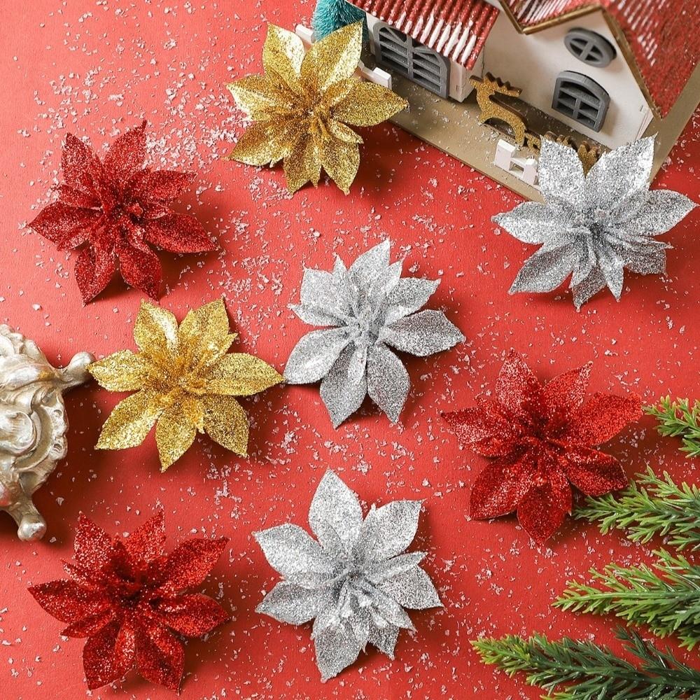 10Pcs Multi-Color Artificial Poinsettia Flowers Sequin Plastic Christmas Flowers Ornaments Holiday