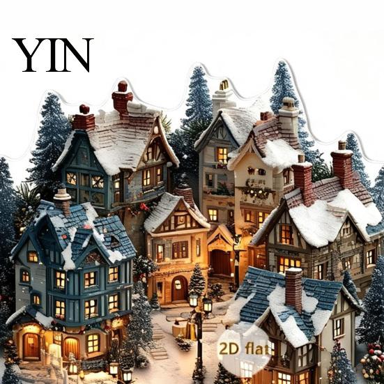 Seasonal Home Accents Christmas Village Houses Table Decoration, Snow Scene Patterns 2D Acrylic Santa Claus Hanging Decor Ornament, Decorative