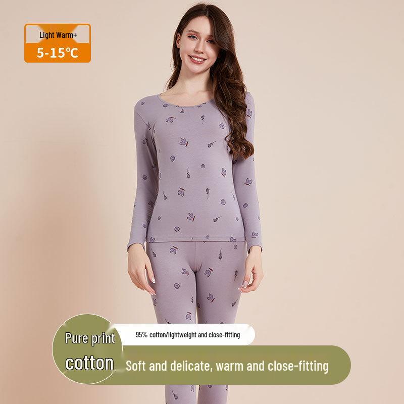 Women's Pure Cotton Cartoon Print Warm Underwear Set - Autumn/Winter Thin Base Layer Sweater & Leggings