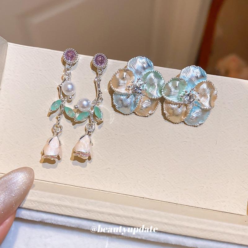 Flower Fairy~ Flower Zircon Oil Drop Pearl Stud Earrings Cute Sweet Versatile Earrings New Earrings Girl