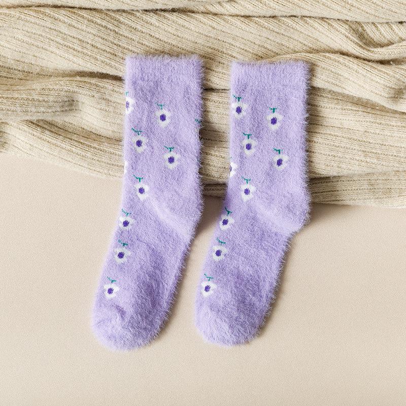 Female Autumn and Winter Plus Velvet and Thick Warm Mink Velvet Warm Fruit Strawberry Deodorant Tube Socks