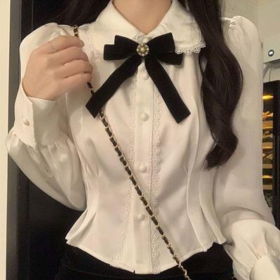 White Shirts Woman Kawaii Lace Lolita Blouses Sweet Tunics Crop Long Sleeve Tops Preppy Korean