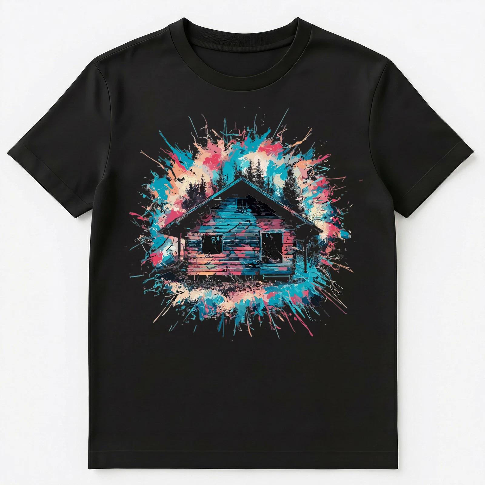 

Colorful Paint Splash Cabin And Woods Art Graphic Unisex T-Shirt S