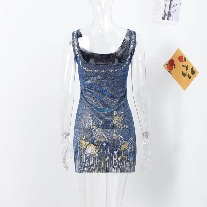 Embroidery Shiny Glitter Strap Dress Women Square Neck Printed High Waist Fashion Dress Sleeveless Backless Strap Slim Short Dresses