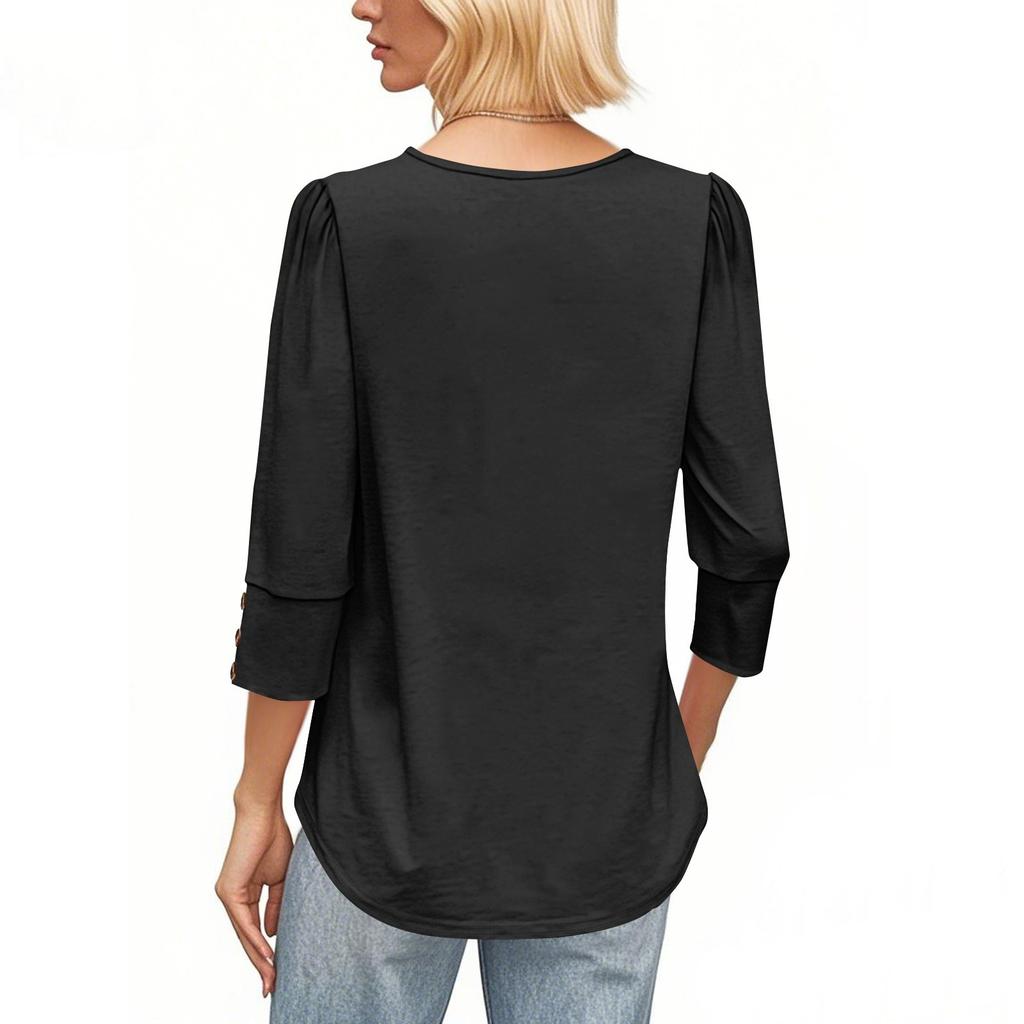 Women's Fashion Casual Solid Color Round Neck Seven-quarter Sleeve T-shirt Top