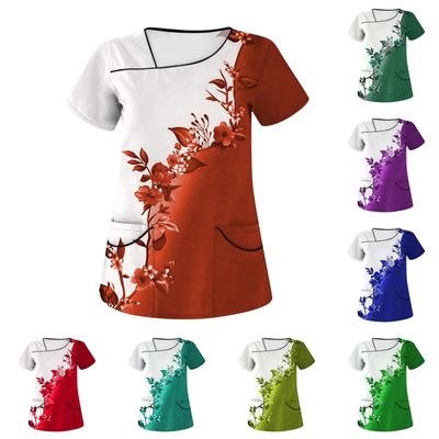 Women's Casual Floral Print Short Sleeve Sloping Collar Workwear Top With Double Pockets