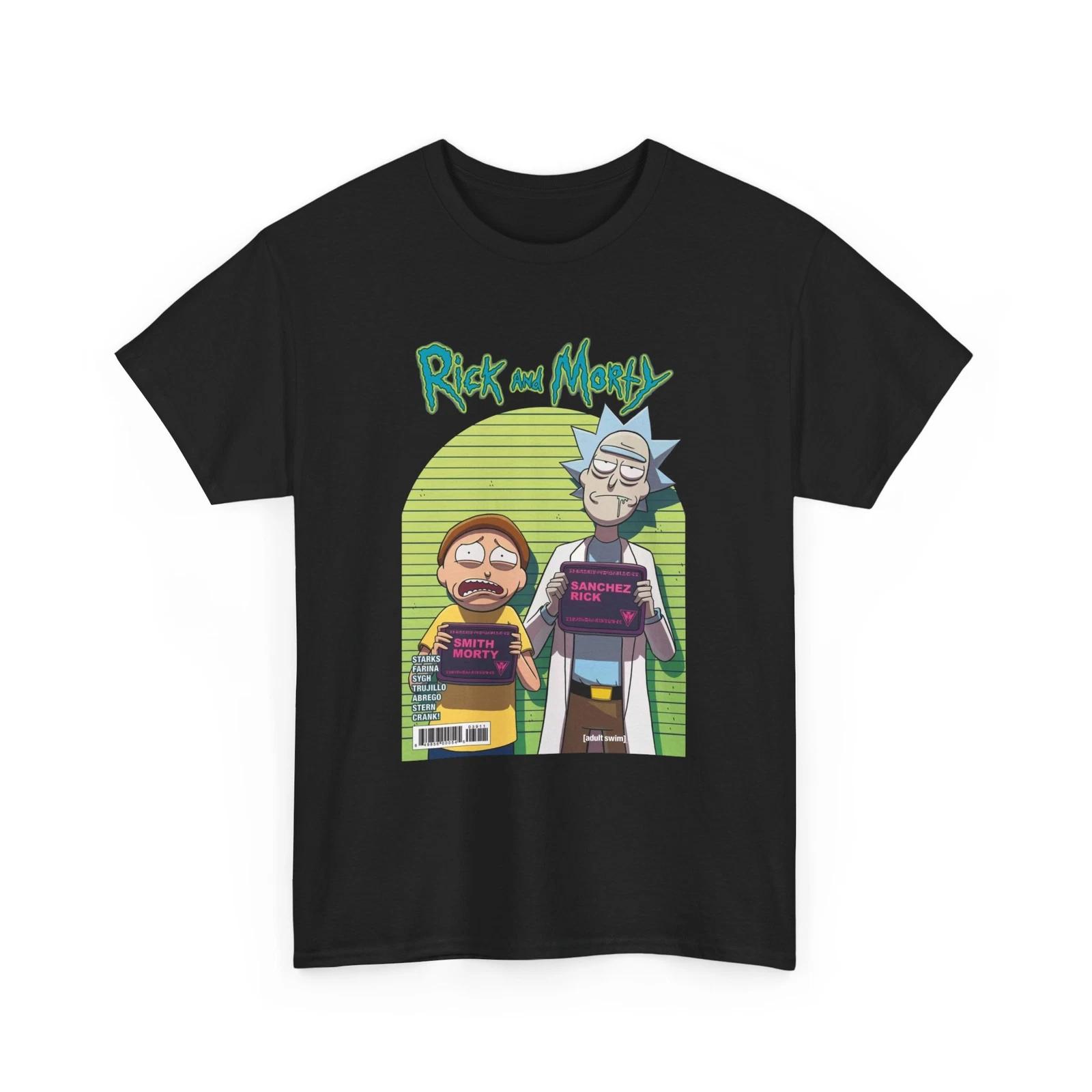 Rick and Morty Mugshot 100% Cotton T-shirt Mens Tees Top Heavy Cotton Unisex Tee Cartoon Animated Apparel L